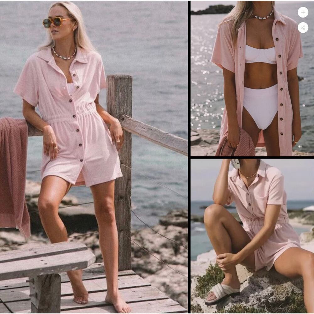 Araminta James Pink Terry Cloth Button Front Swim Cover Dress S